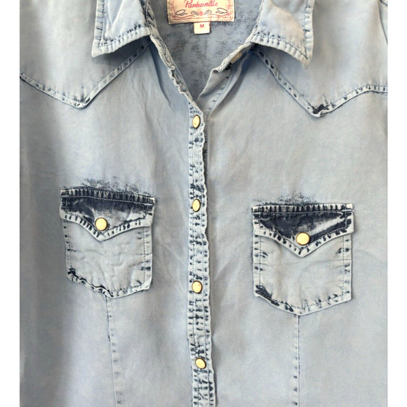 Panhandle Slim Western Pearl Snap Blue Chambray Acid Wash Rodeo Girl Medium - Picture 3 of 7